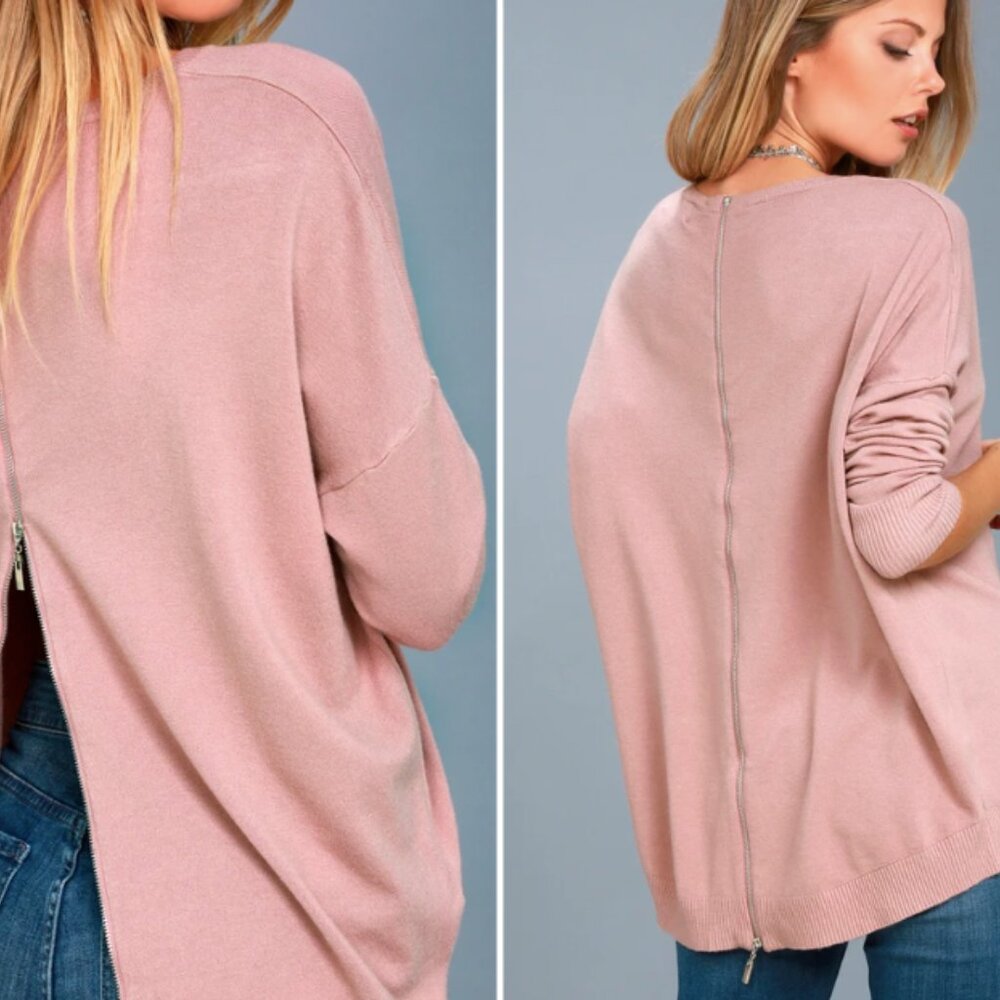 Lulus 'Laid Back' Mauve Women's Sweater Top Sz L ~ Zipper Back V-Neck Oversized